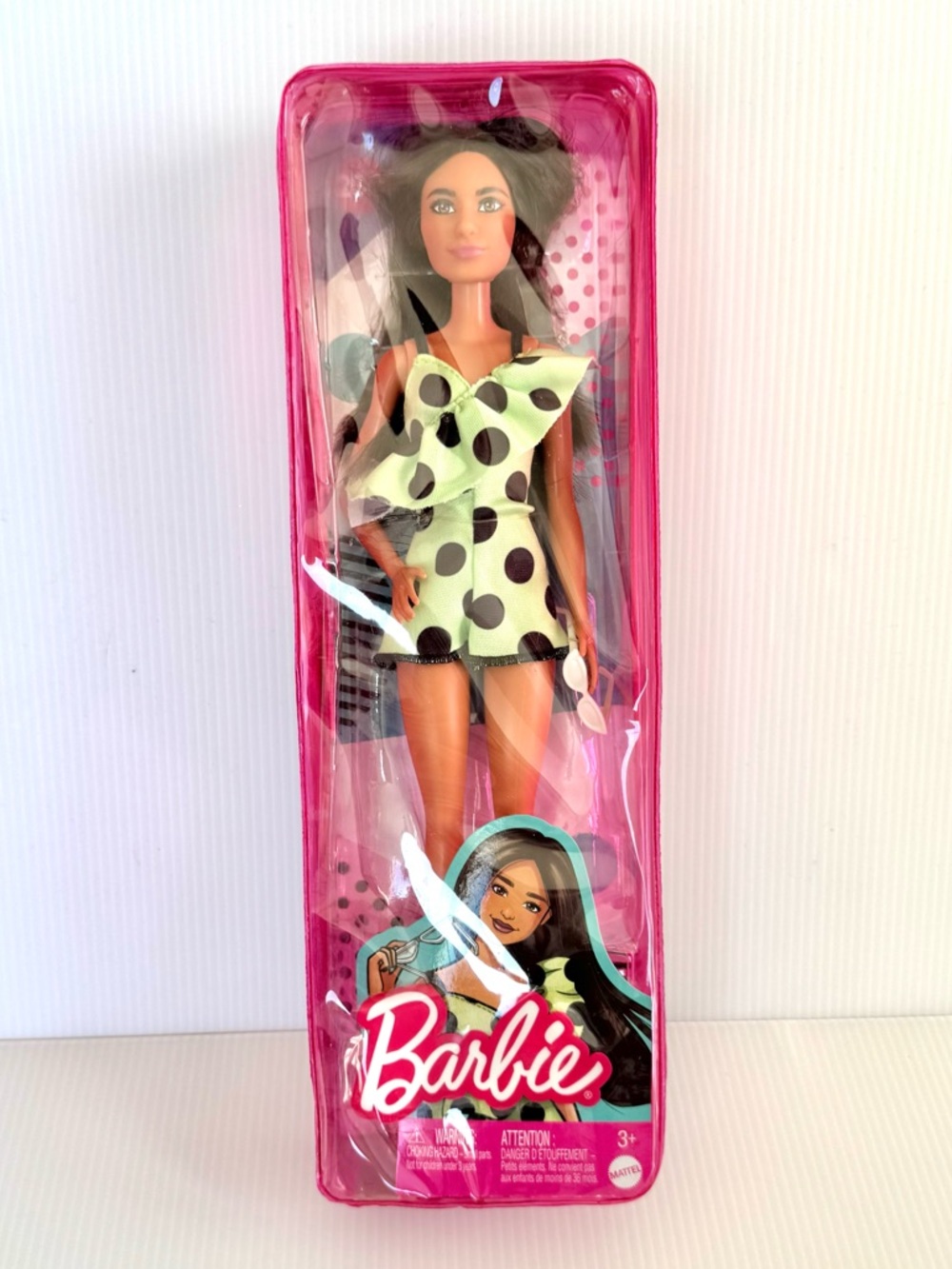 🩷 NIP. Brunette Barbie Doll with Mint Green Polka Dot Romper
